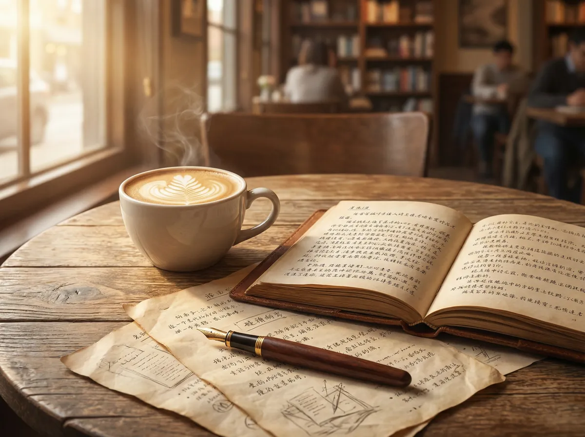 编剧咖啡馆 创作桌面 - 剧本手稿与咖啡